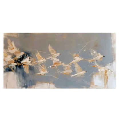 Pale bird-like forms sweeping across layered strokes of blue, ochre and cream single poster print viewed straight on