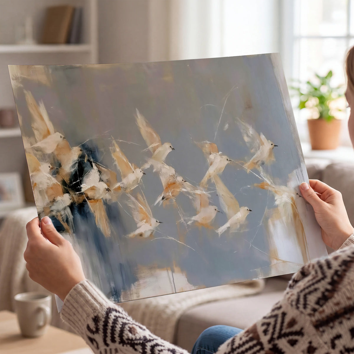 Pale bird-like forms sweeping across layered strokes of blue, ochre and cream single poster print held in hands