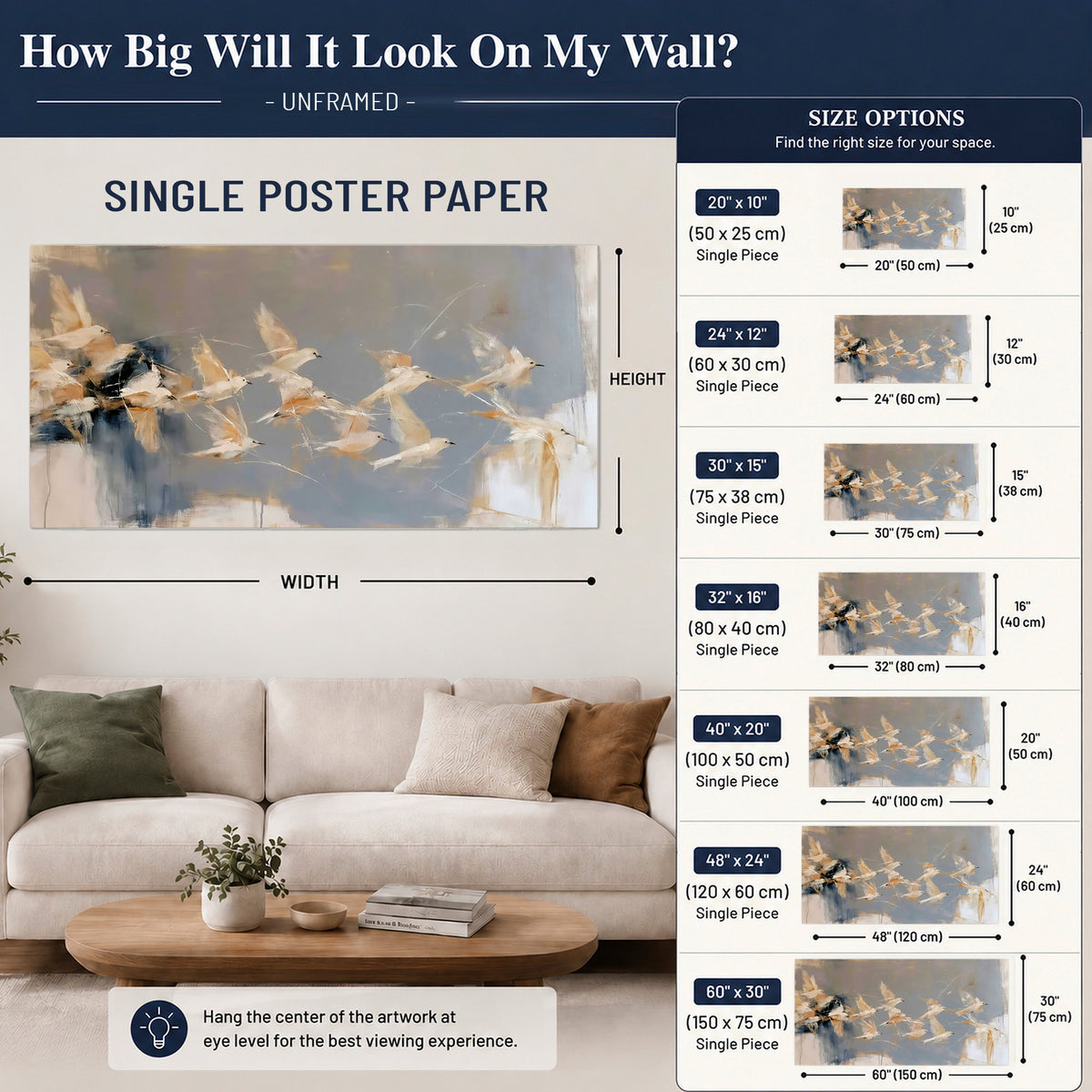Pale bird-like forms sweeping across layered strokes of blue, ochre and cream single poster print size guide above a sofa; room view is illustrative