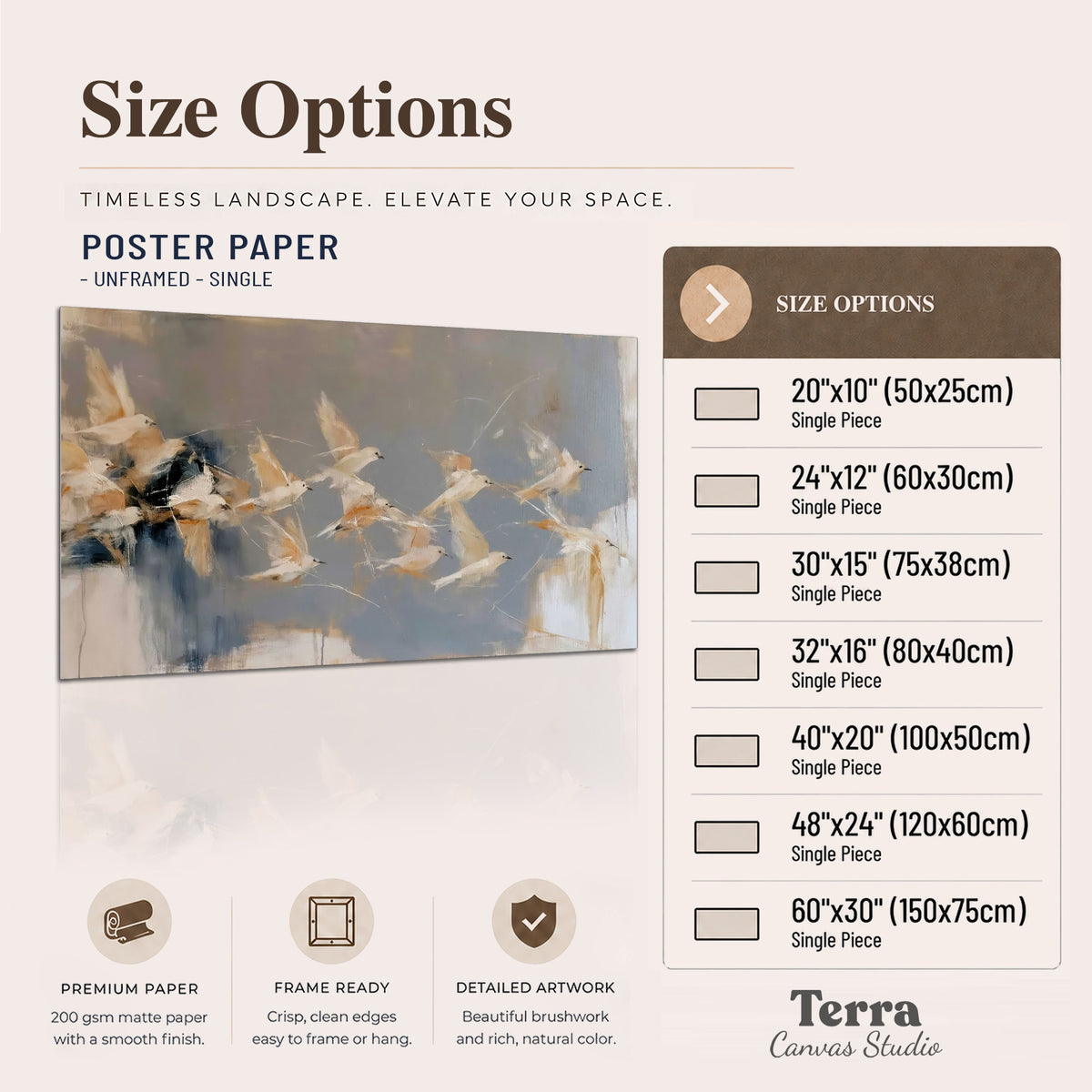 Pale bird-like forms sweeping across layered strokes of blue, ochre and cream single poster print available dimensions