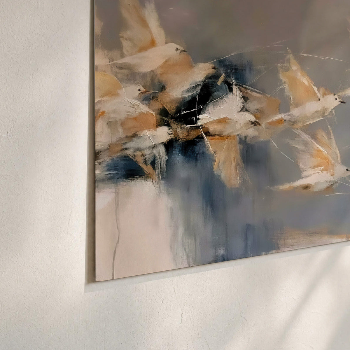 Pale bird-like forms sweeping across layered strokes of blue, ochre and cream set of 3 poster prints material and edge close up