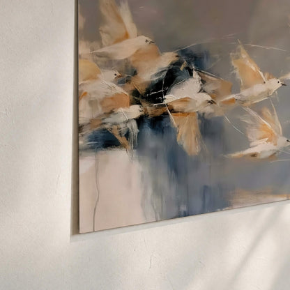 Pale bird-like forms sweeping across layered strokes of blue, ochre and cream set of 3 poster prints material and edge close up