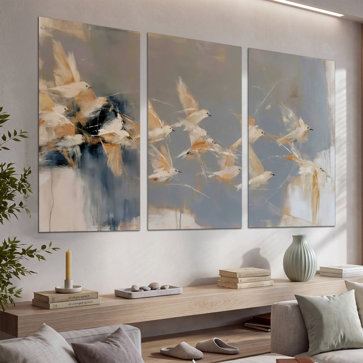 Pale bird-like forms sweeping across layered strokes of blue, ochre and cream set of 3 poster prints displayed in a console