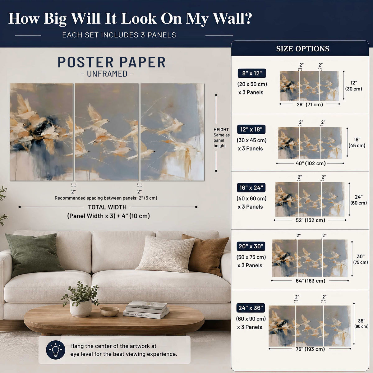 Pale bird-like forms sweeping across layered strokes of blue, ochre and cream set of 3 poster prints size guide above a sofa; room view is illustrative