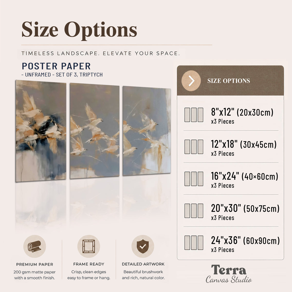 Pale bird-like forms sweeping across layered strokes of blue, ochre and cream set of 3 poster prints available dimensions; triptych dimensions are per panel
