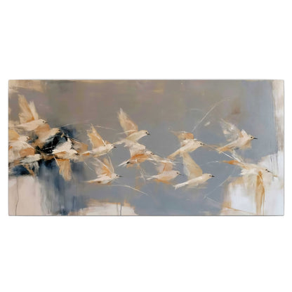 Pale bird-like forms sweeping across layered strokes of blue, ochre and cream single canvas wall art viewed straight on