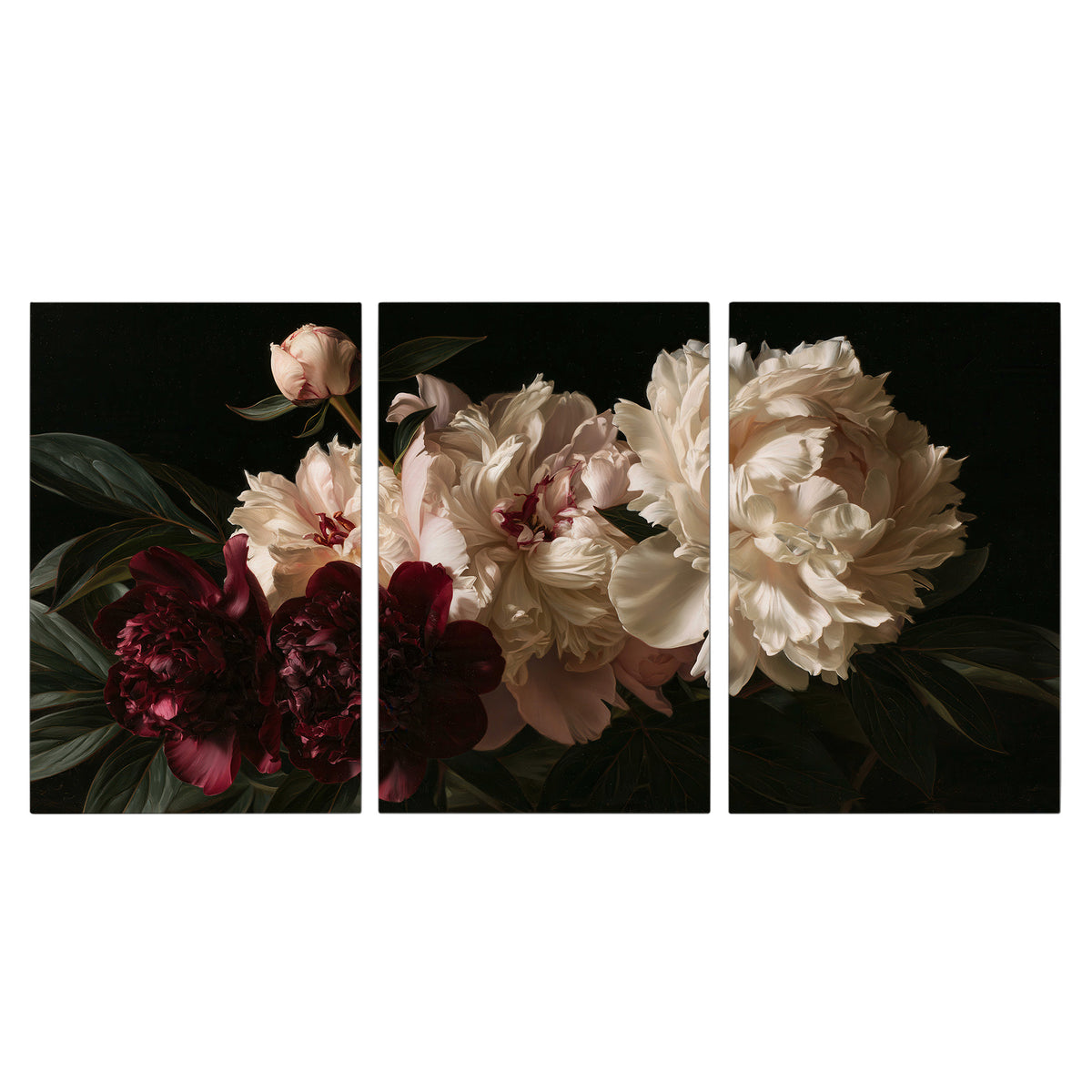 Full ivory and deep burgundy peonies against a dark green background 3 piece canvas wall art viewed straight on