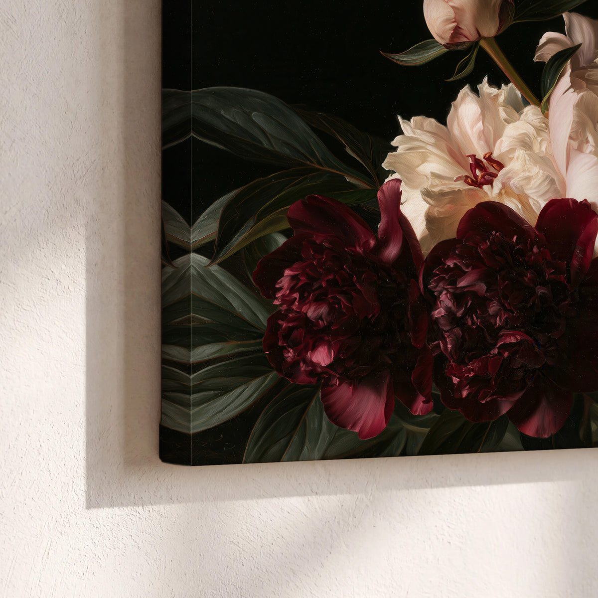 Full ivory and deep burgundy peonies against a dark green background 3 piece canvas wall art material and edge close up