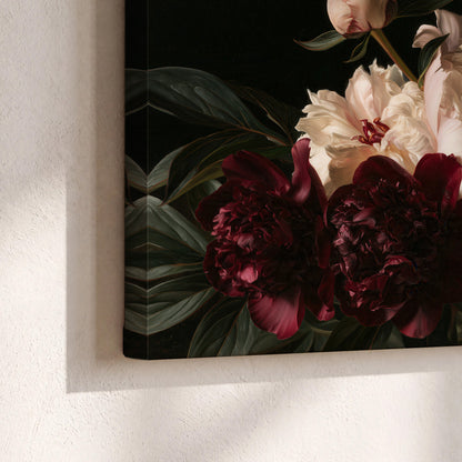 Full ivory and deep burgundy peonies against a dark green background 3 piece canvas wall art material and edge close up