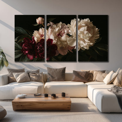 Full ivory and deep burgundy peonies against a dark green background 3 piece canvas wall art displayed in a living room