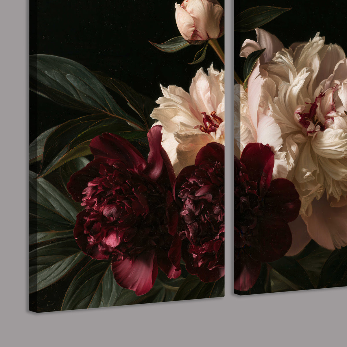 Full ivory and deep burgundy peonies against a dark green background 3 piece canvas wall art room and product view