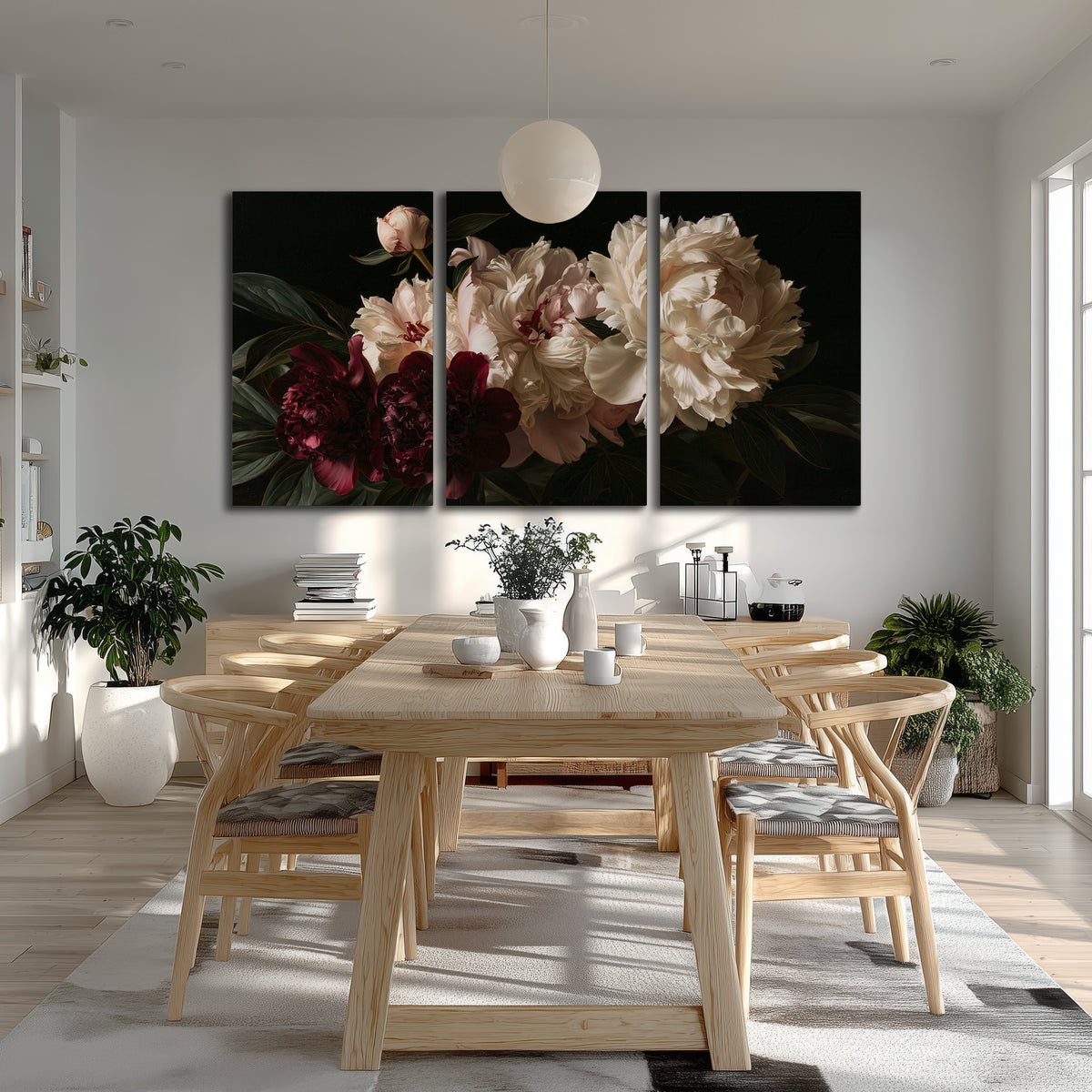 Full ivory and deep burgundy peonies against a dark green background 3 piece canvas wall art room and product view