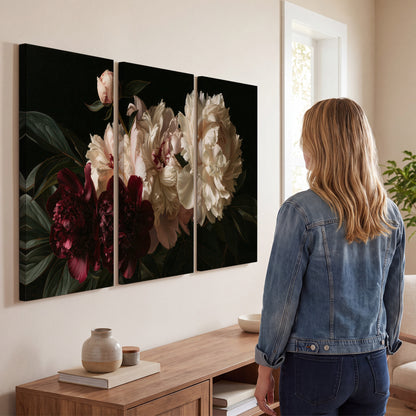 Full ivory and deep burgundy peonies against a dark green background 3 piece canvas wall art three panel arrangement on a wall