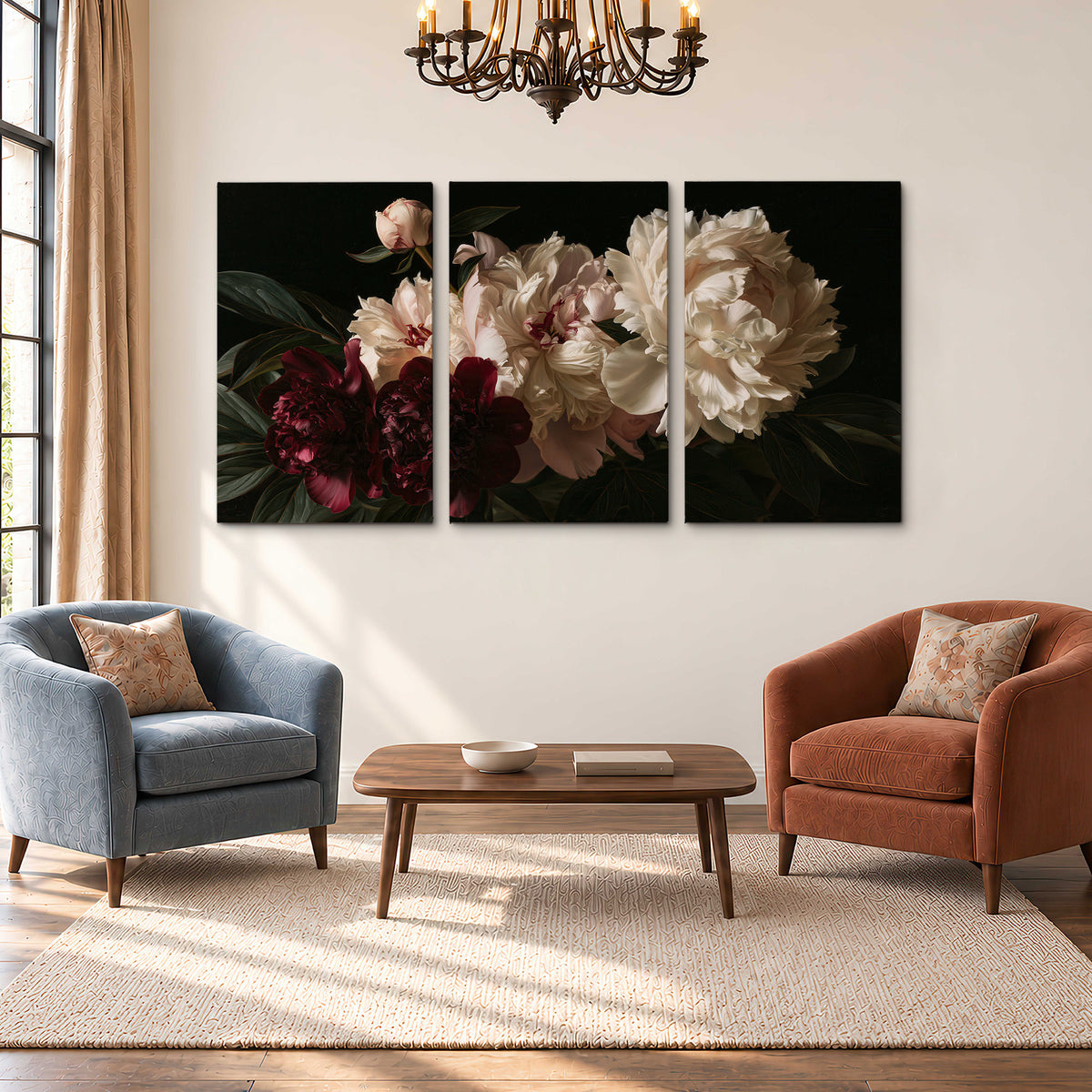 Full ivory and deep burgundy peonies against a dark green background 3 piece canvas wall art styled in an interior