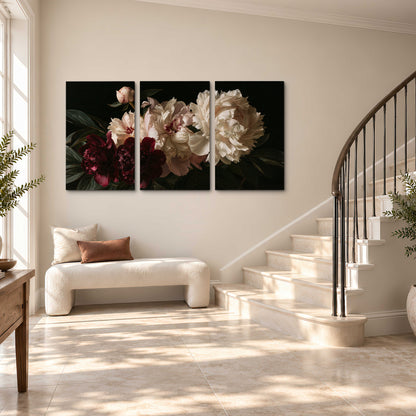 Full ivory and deep burgundy peonies against a dark green background 3 piece canvas wall art styled in an interior