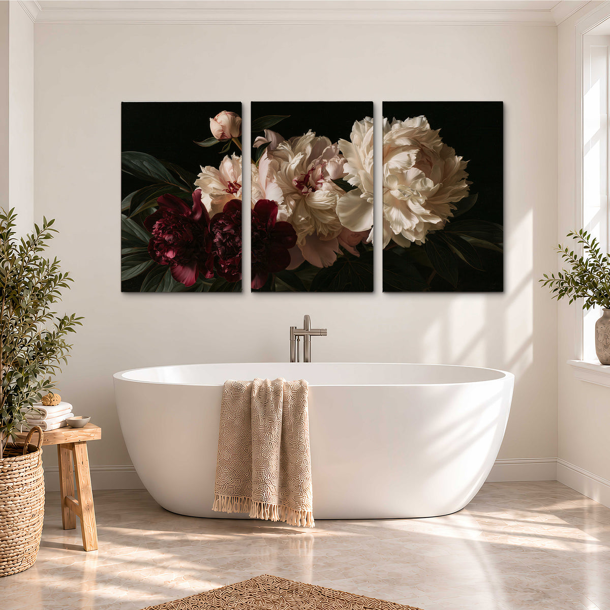Full ivory and deep burgundy peonies against a dark green background 3 piece canvas wall art styled in an interior