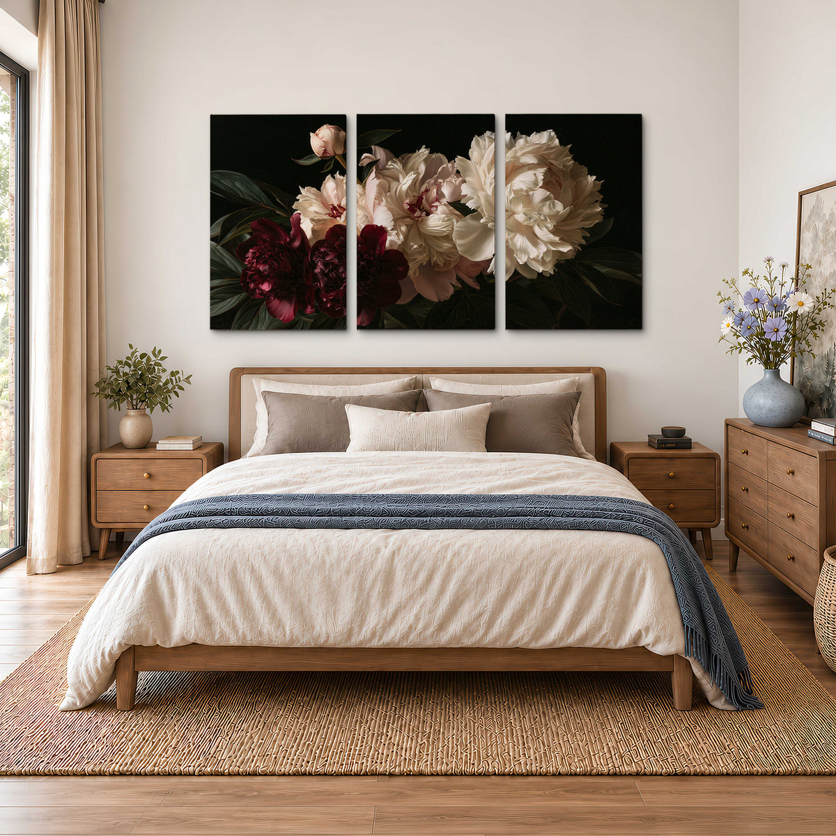 Full ivory and deep burgundy peonies against a dark green background 3 piece canvas wall art styled in an interior