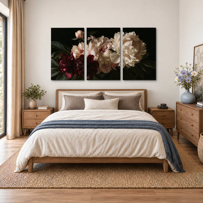 Full ivory and deep burgundy peonies against a dark green background 3 piece canvas wall art styled in an interior