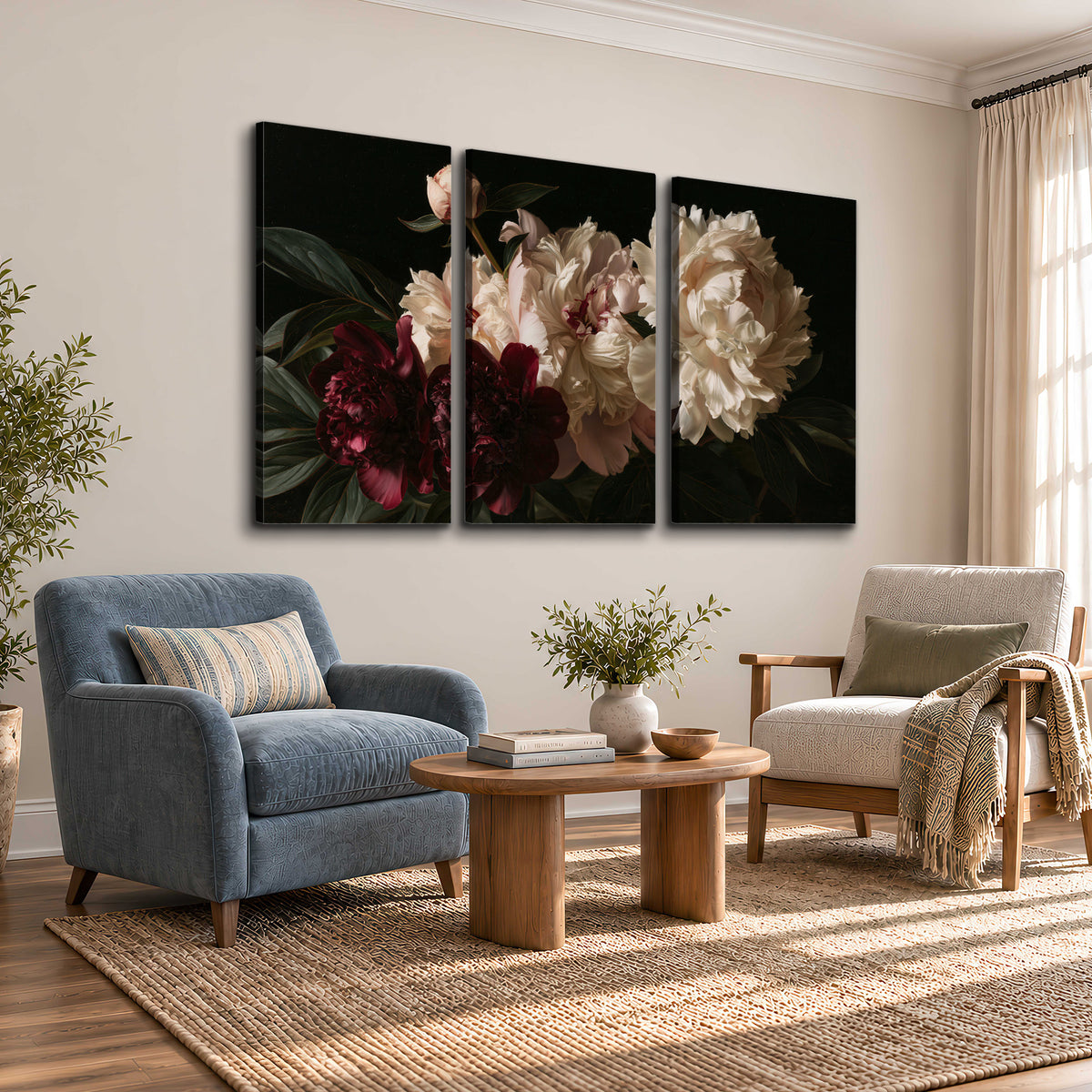 Full ivory and deep burgundy peonies against a dark green background 3 piece canvas wall art styled in an interior