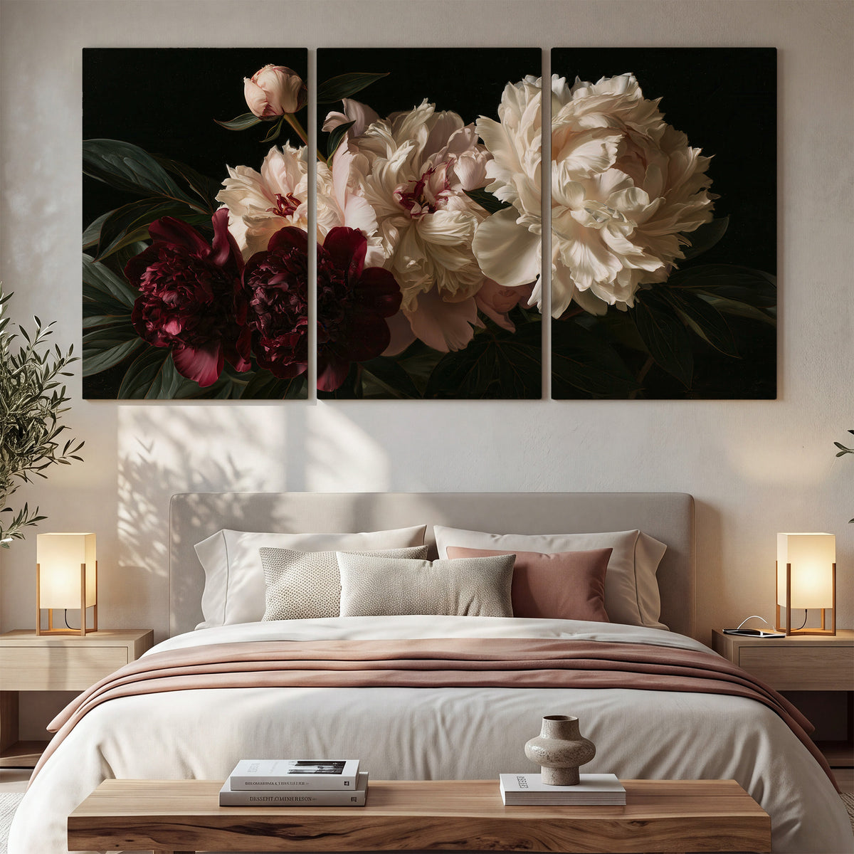 Full ivory and deep burgundy peonies against a dark green background 3 piece canvas wall art displayed in a bedroom