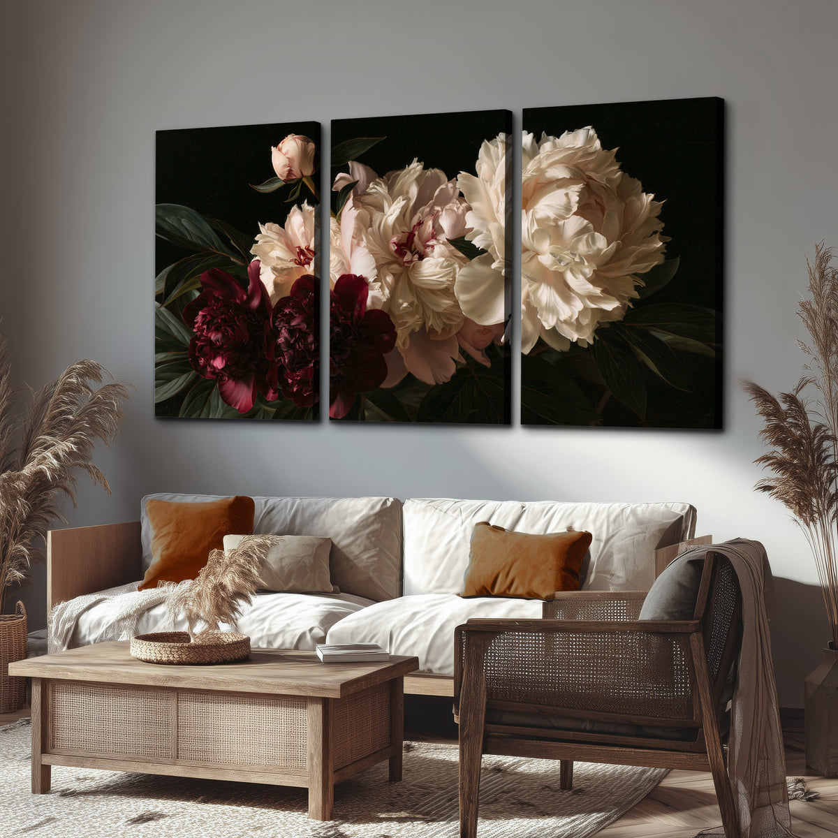 Full ivory and deep burgundy peonies against a dark green background 3 piece canvas wall art displayed in a rustic living room