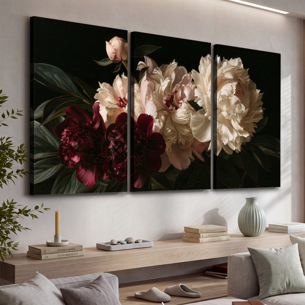 Full ivory and deep burgundy peonies against a dark green background 3 piece canvas wall art displayed in a console