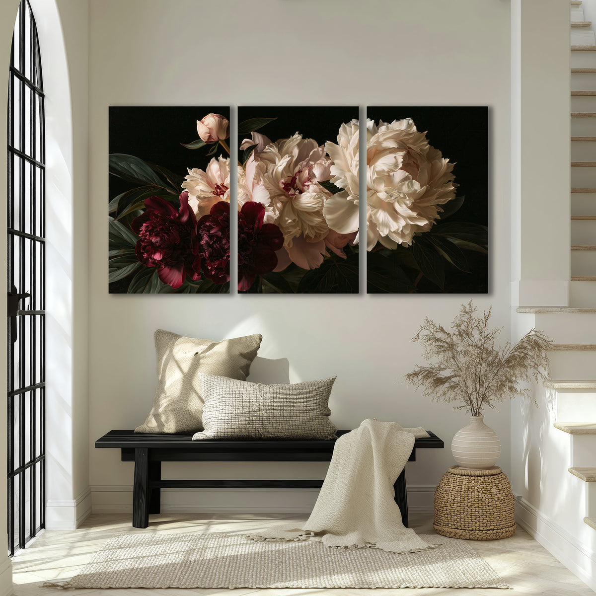 Full ivory and deep burgundy peonies against a dark green background 3 piece canvas wall art displayed in a entryway