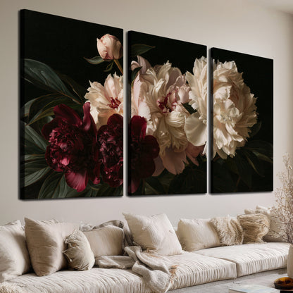Full ivory and deep burgundy peonies against a dark green background 3 piece canvas wall art room and product view