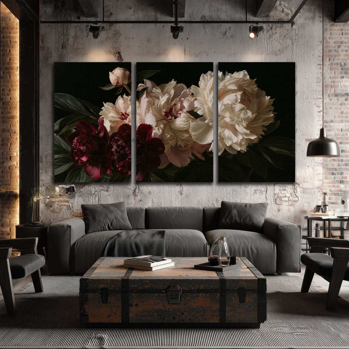 Full ivory and deep burgundy peonies against a dark green background 3 piece canvas wall art displayed in a industrial room
