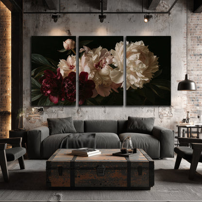 Full ivory and deep burgundy peonies against a dark green background 3 piece canvas wall art displayed in a industrial room