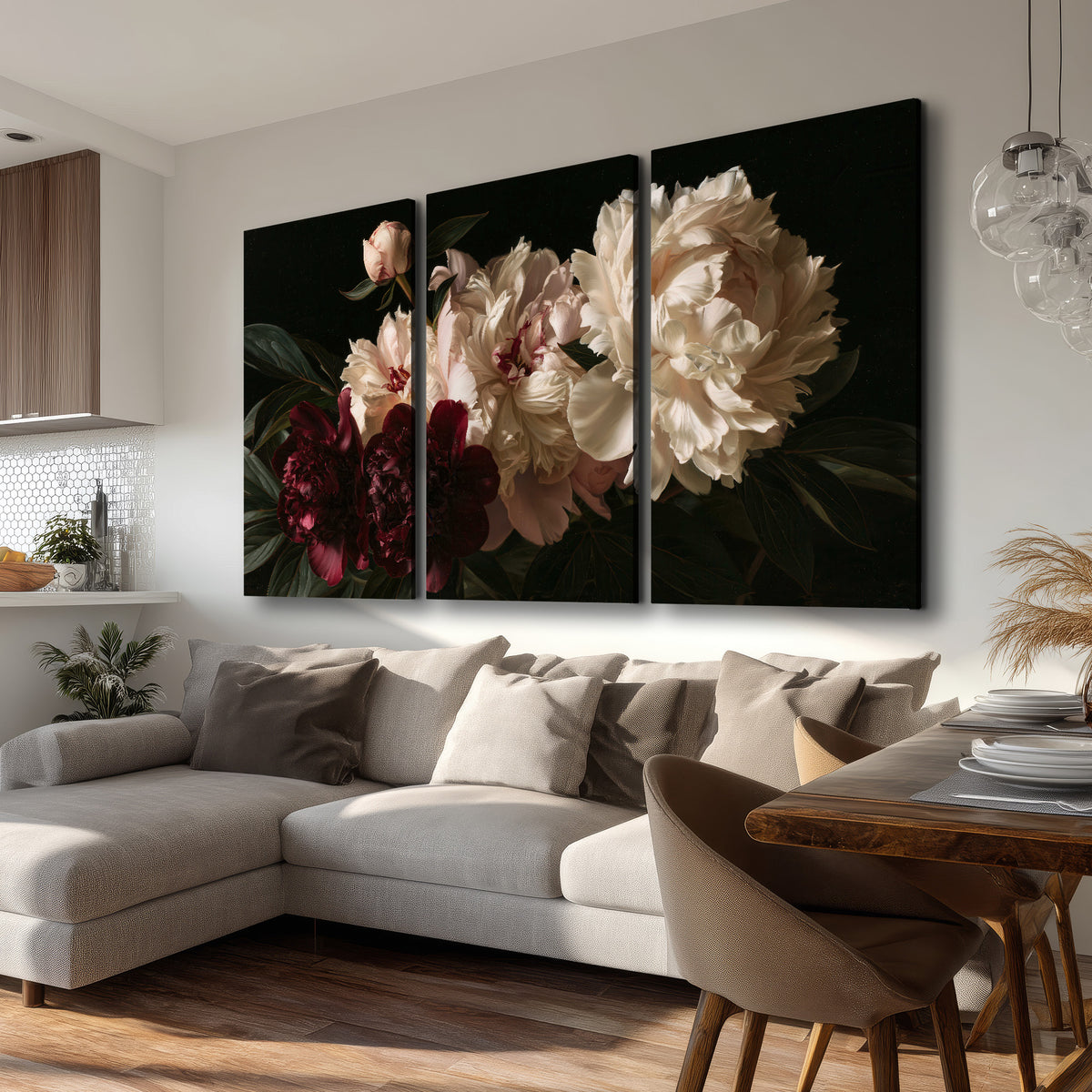 Full ivory and deep burgundy peonies against a dark green background 3 piece canvas wall art room and product view