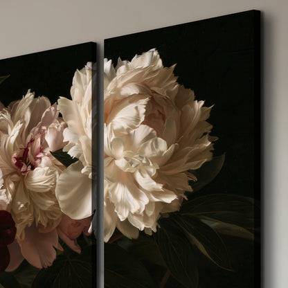 Full ivory and deep burgundy peonies against a dark green background 3 piece canvas wall art room and product view