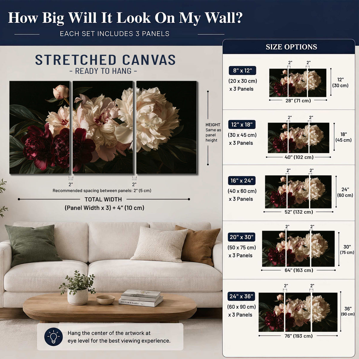 Full ivory and deep burgundy peonies against a dark green background 3 piece canvas wall art size guide above a sofa; room view is illustrative