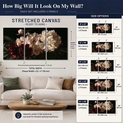 Full ivory and deep burgundy peonies against a dark green background 3 piece canvas wall art size guide above a sofa; room view is illustrative