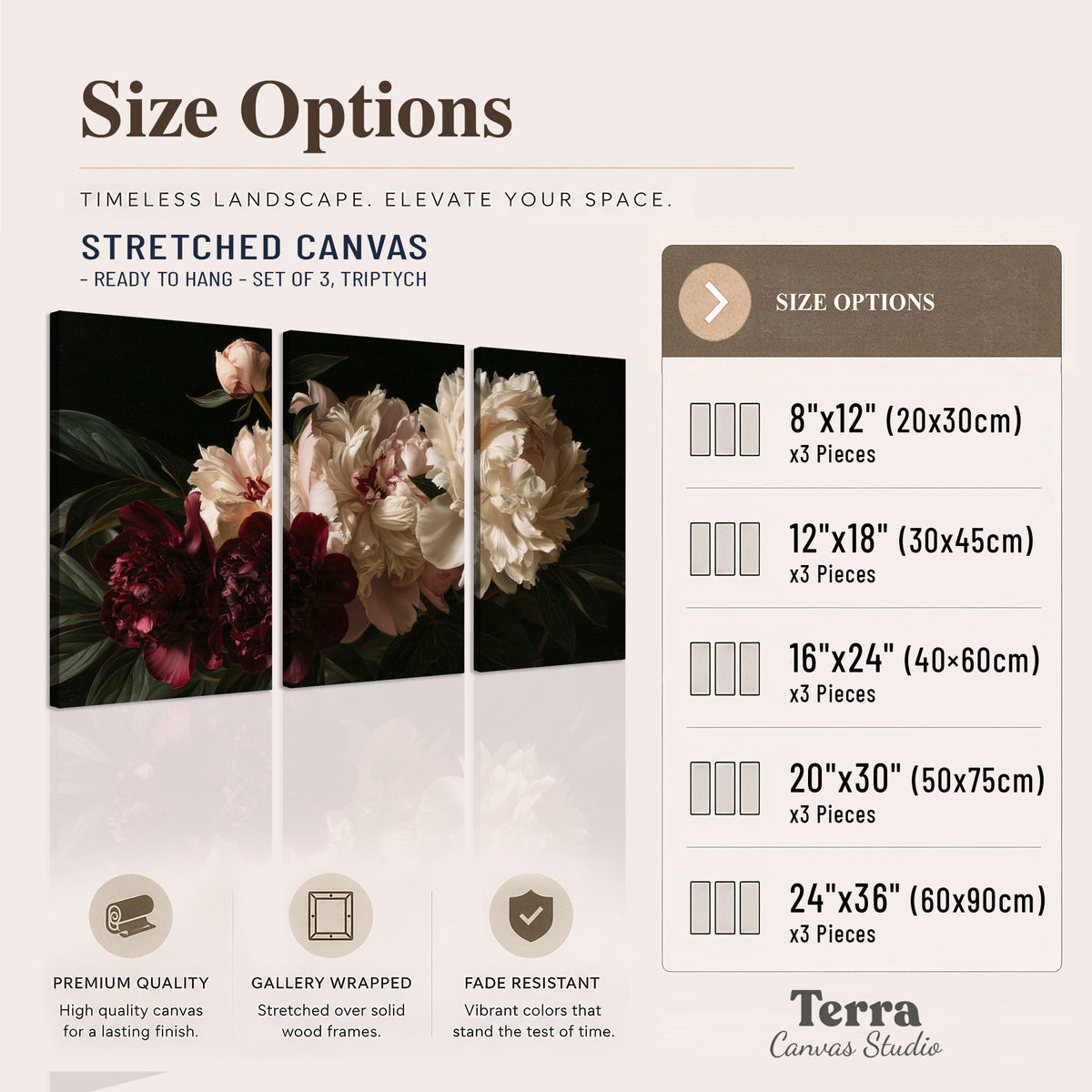 Full ivory and deep burgundy peonies against a dark green background 3 piece canvas wall art available dimensions; triptych dimensions are per panel