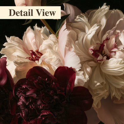 Full ivory and deep burgundy peonies against a dark green background 3 piece canvas wall art artwork detail close up