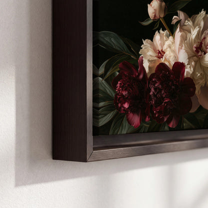 Full ivory and deep burgundy peonies against a dark green background 3 piece framed canvas wall art material and edge close up