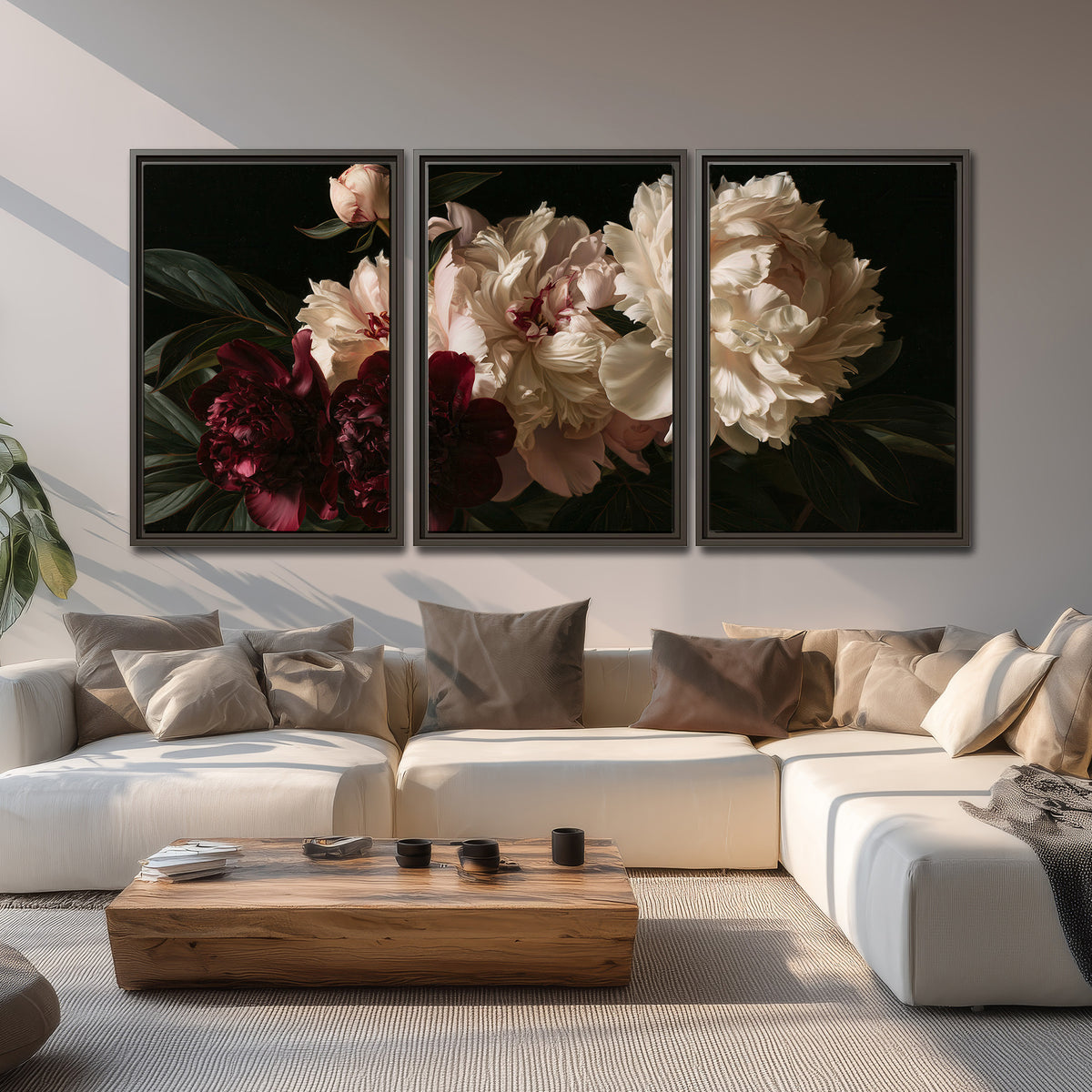 Full ivory and deep burgundy peonies against a dark green background 3 piece framed canvas wall art displayed in a living room