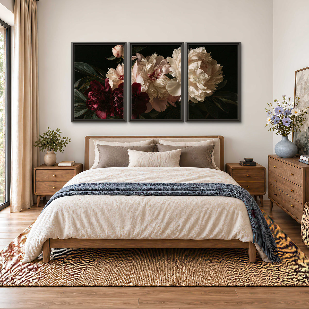 Full ivory and deep burgundy peonies against a dark green background 3 piece framed canvas wall art styled in an interior