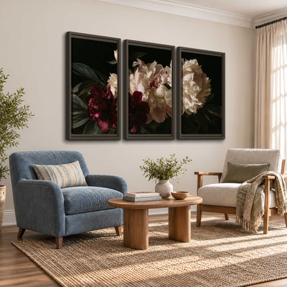 Full ivory and deep burgundy peonies against a dark green background 3 piece framed canvas wall art styled in an interior