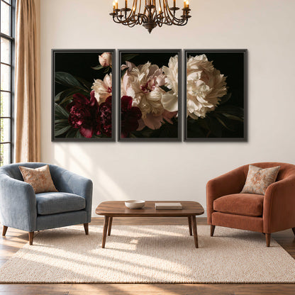 Full ivory and deep burgundy peonies against a dark green background 3 piece framed canvas wall art styled in an interior