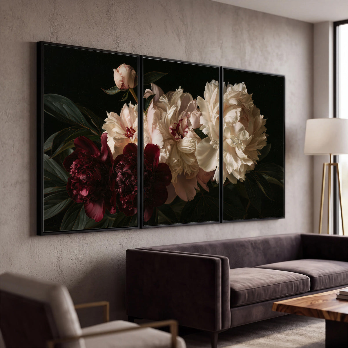 Full ivory and deep burgundy peonies against a dark green background 3 piece framed canvas wall art displayed in a modern living room