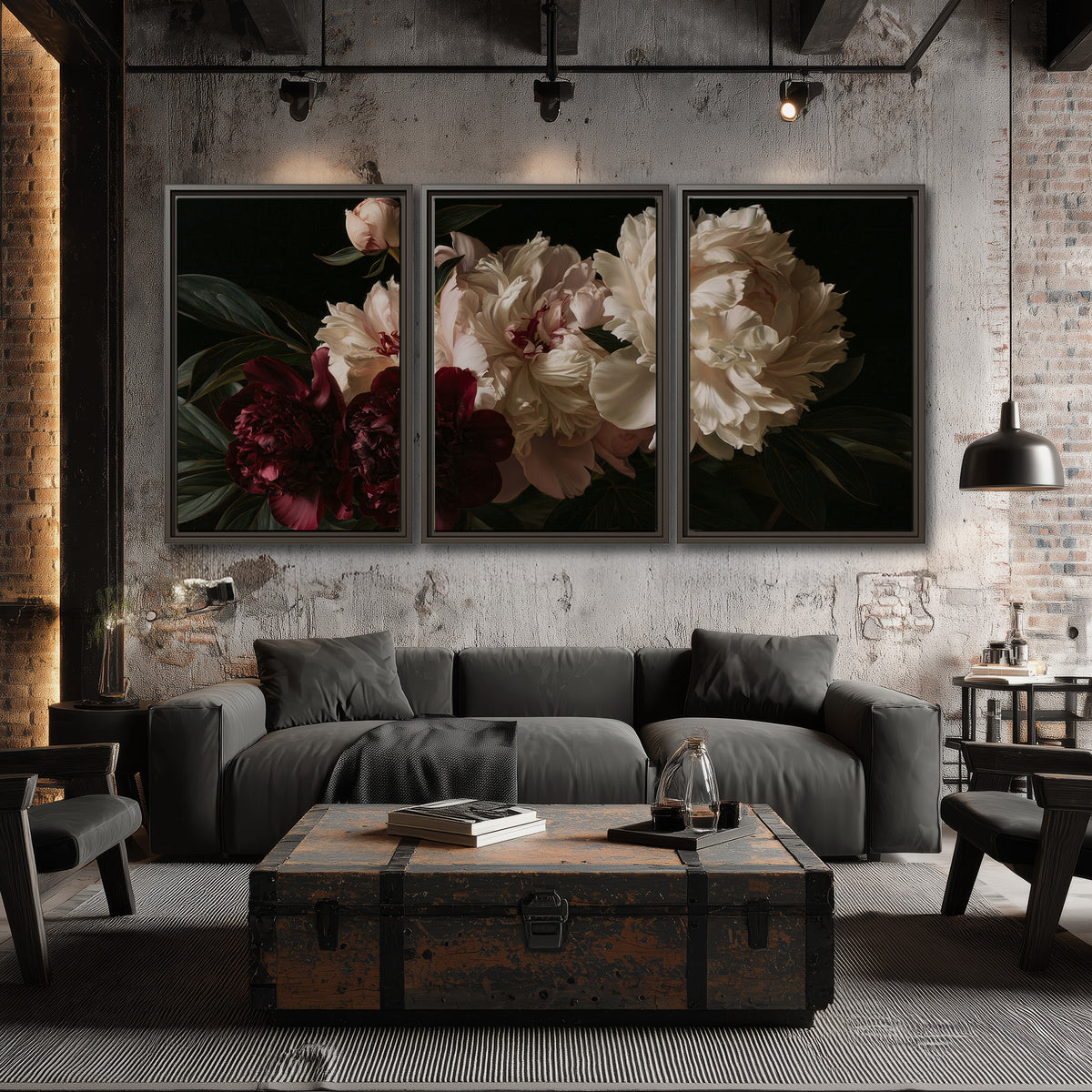 Full ivory and deep burgundy peonies against a dark green background 3 piece framed canvas wall art displayed in a industrial room
