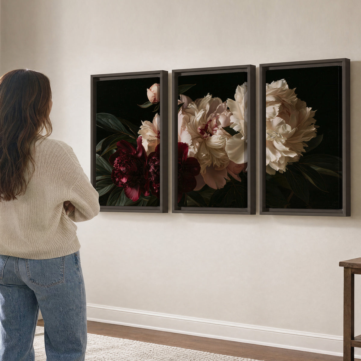 Full ivory and deep burgundy peonies against a dark green background 3 piece framed canvas wall art three panel arrangement on a wall
