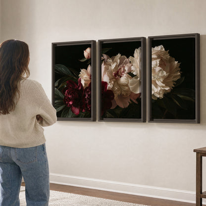 Full ivory and deep burgundy peonies against a dark green background 3 piece framed canvas wall art three panel arrangement on a wall