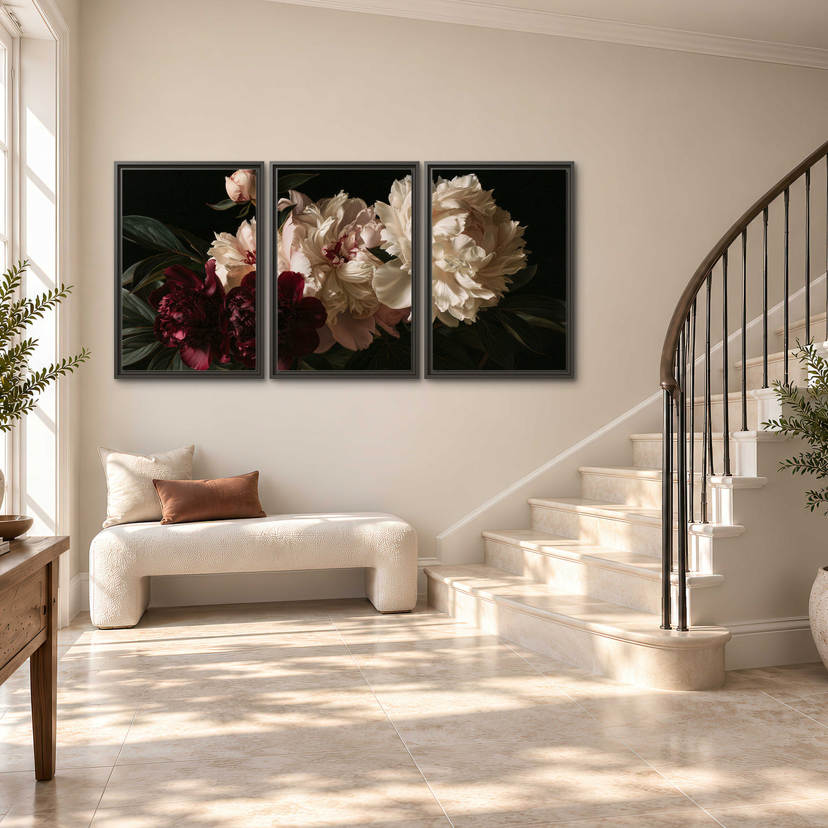 Full ivory and deep burgundy peonies against a dark green background 3 piece framed canvas wall art styled in an interior