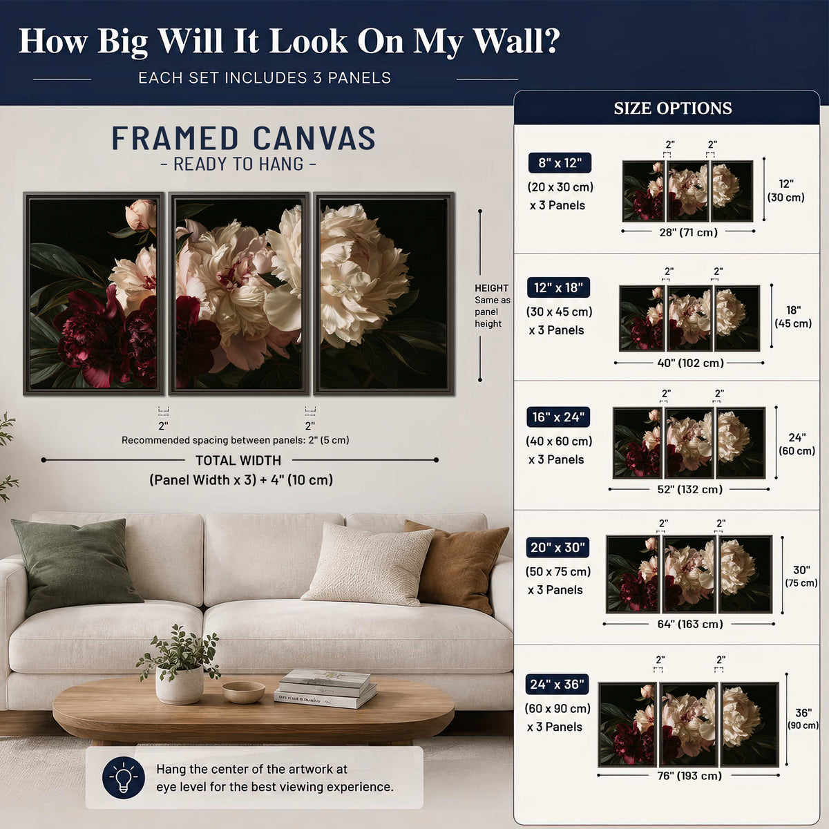 Full ivory and deep burgundy peonies against a dark green background 3 piece framed canvas wall art size guide above a sofa; room view is illustrative
