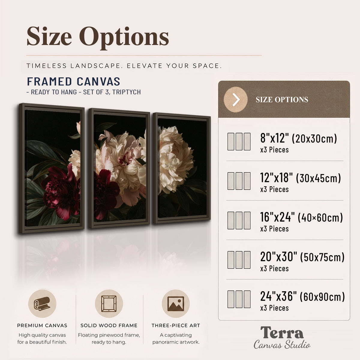 Full ivory and deep burgundy peonies against a dark green background 3 piece framed canvas wall art available dimensions; triptych dimensions are per panel