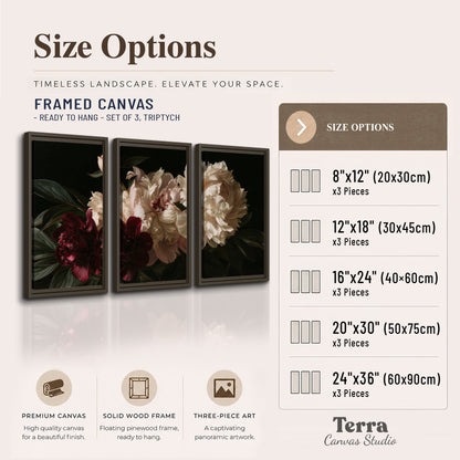 Full ivory and deep burgundy peonies against a dark green background 3 piece framed canvas wall art available dimensions; triptych dimensions are per panel