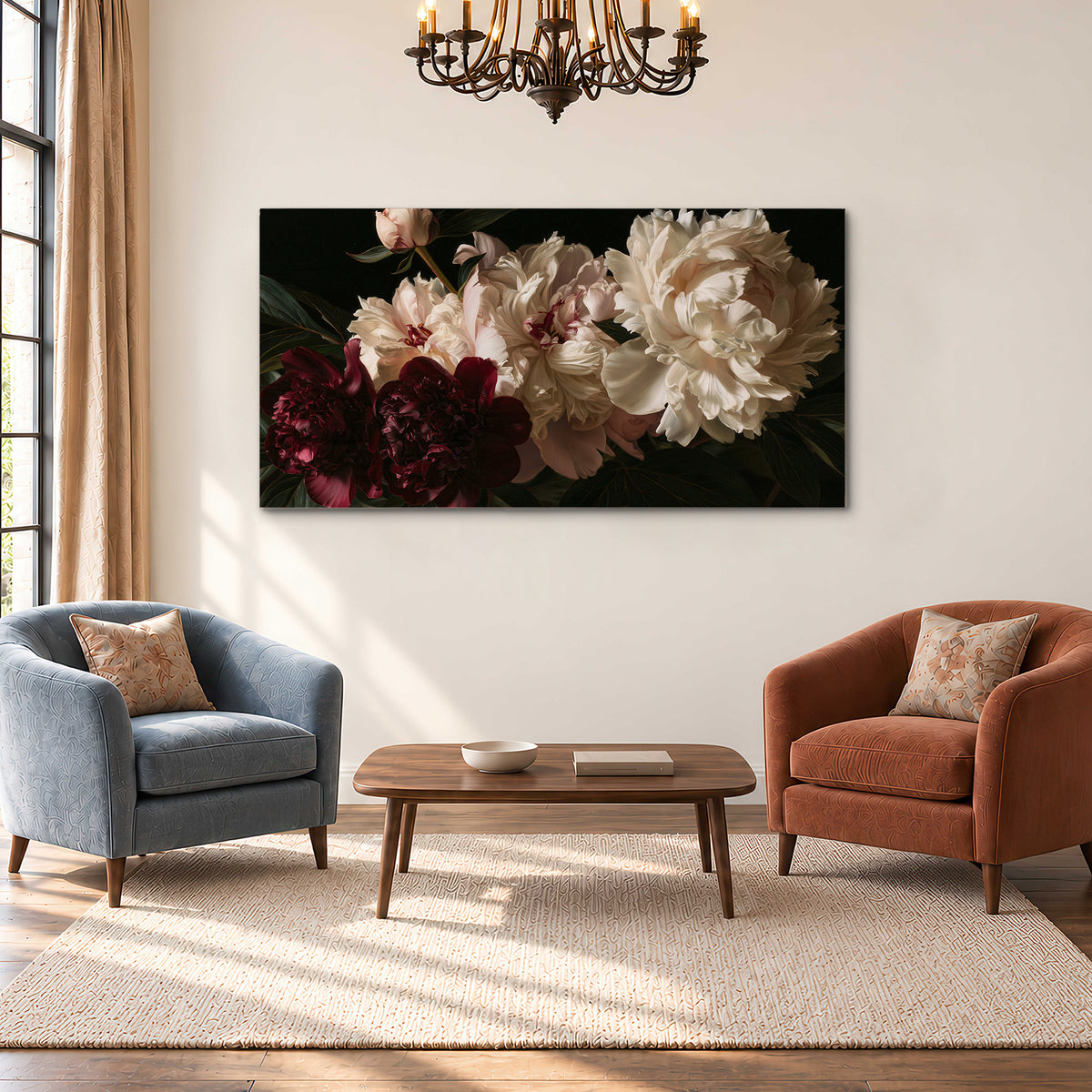Full ivory and deep burgundy peonies against a dark green background single canvas wall art styled in an interior